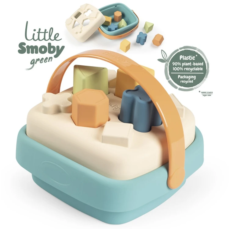 Zbliżenie na oznaczenia i logo SMOBY na koszyku Little Green Sorter — czytelne napis i estetyczne wykończenie