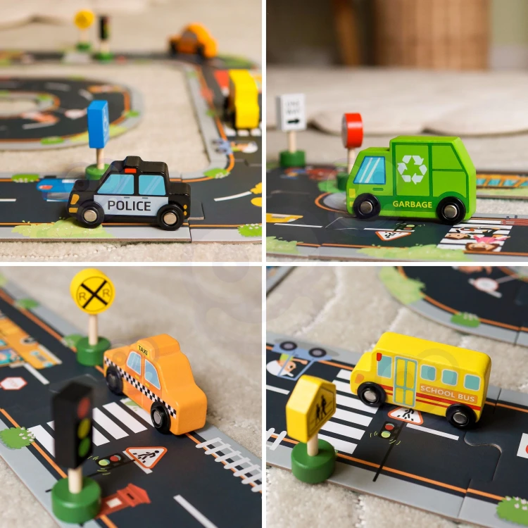 Dziecko układa autostradę z puzzli WOOPIE GREEN — zabawa i nauka przez łączenie 21 elementów.