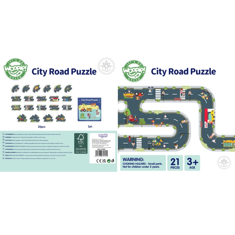 Wszystkie 21 elementów rozłożone obok siebie — pełny komplet Droga Puzzle WOOPIE GREEN do makiety.