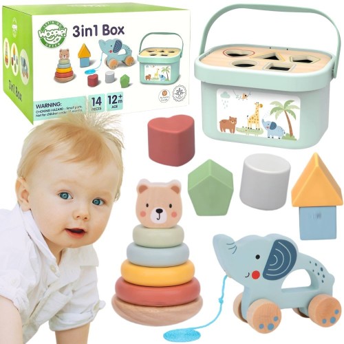Pudełko Sorter Box 3w1 WOOPIE GREEN — widok z przodu na zestaw klocków, piramidkę i słonika w opakowaniu