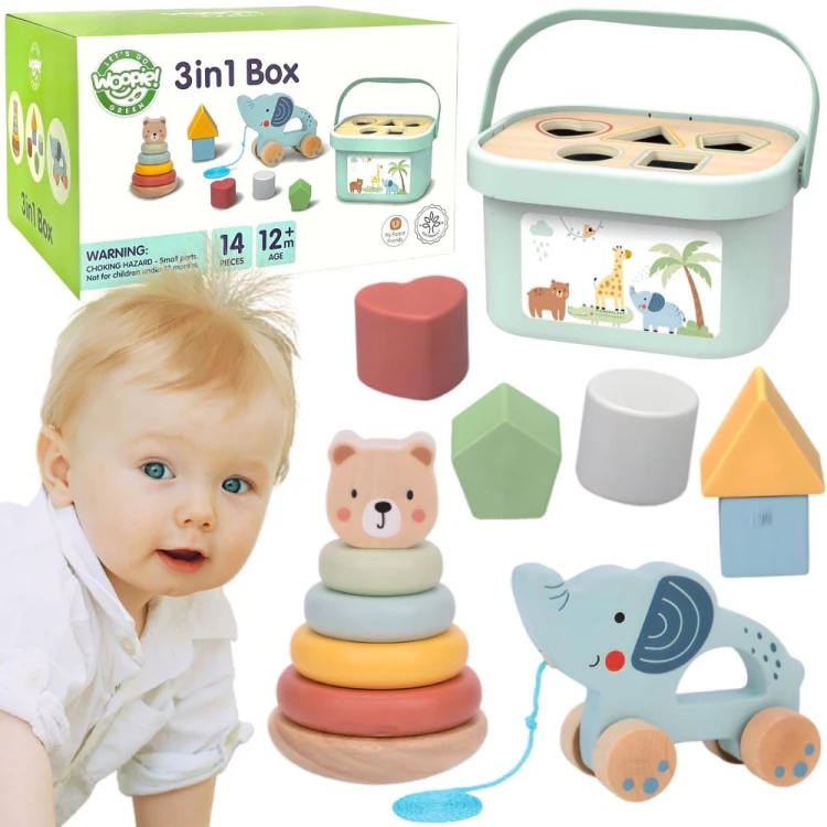 Pudełko Sorter Box 3w1 WOOPIE GREEN — widok z przodu na zestaw klocków, piramidkę i słonika w opakowaniu
