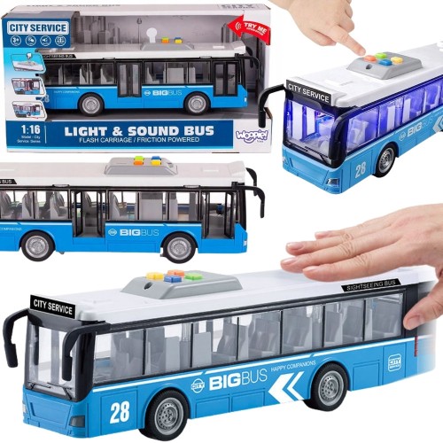 Autobus miejski interaktywny WOOPIE 1:16 — widok frontalny z wyraźnym przodem i kabiną kierowcy