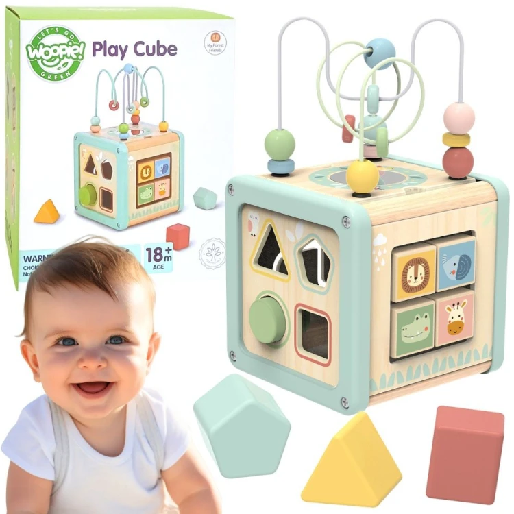 WOOPIE GREEN drewniana kostka aktywności — multifunkcyjny sorter edukacyjny z kolorowymi elementami