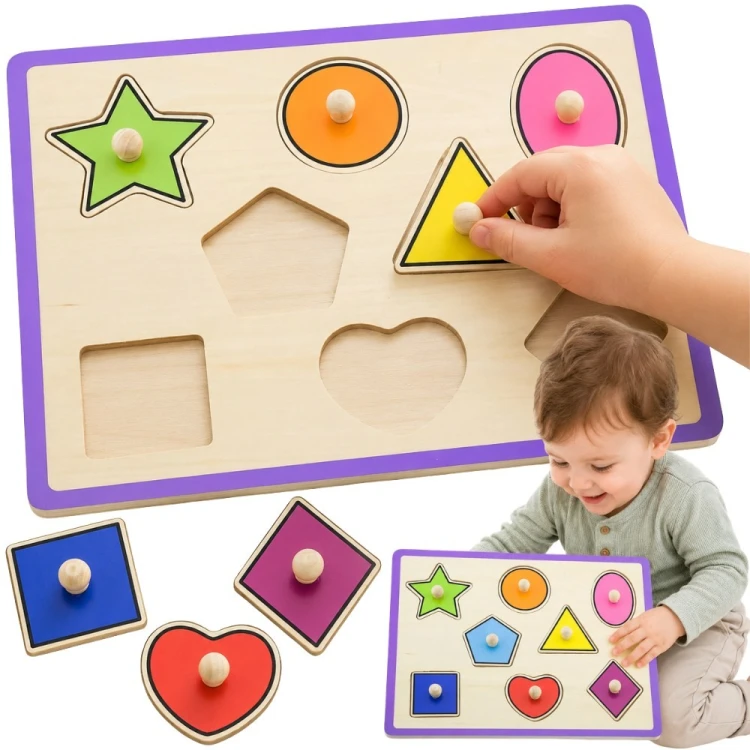 Drewniane kolorowe puzzle z pinezkami VIGA - widok całej układanki z ułożonymi kształtami