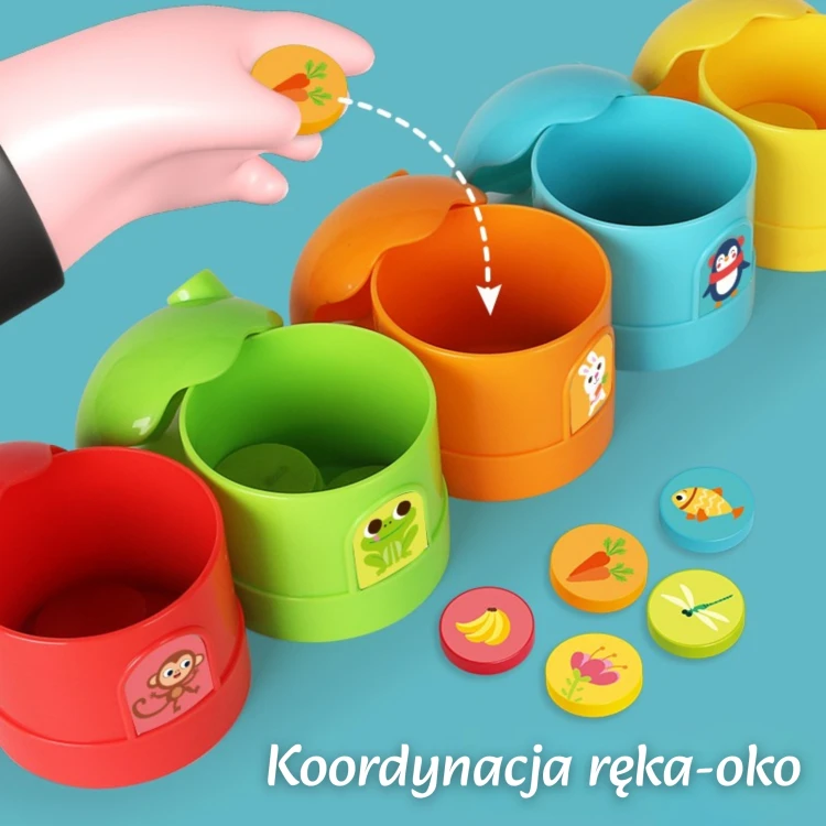 Cały zestaw rozłożony na stole — tęczowe pojemniki i podstawka, zabawka edukacyjna WOOPIE do sortowania.