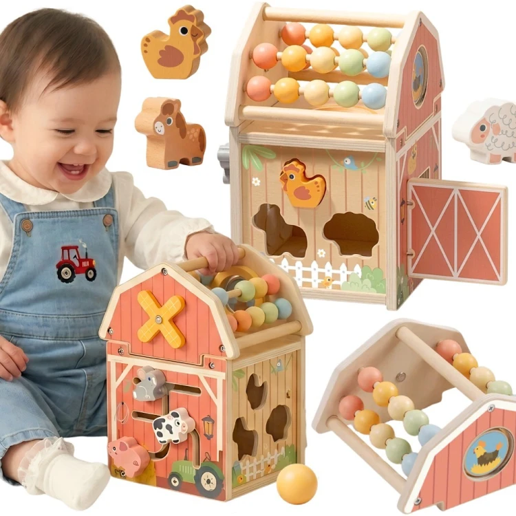 TOOKY TOY drewniana stodoła aktywności z sorterem i liczydłem — widok z przodu z elementami