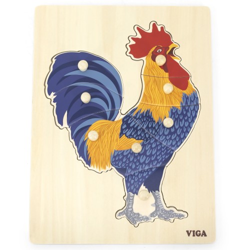 Drewniane puzzle Montessori Kogut z pinezkami VIGA — komplet ustawiony na jasnym tle, wszystkie elementy widoczne