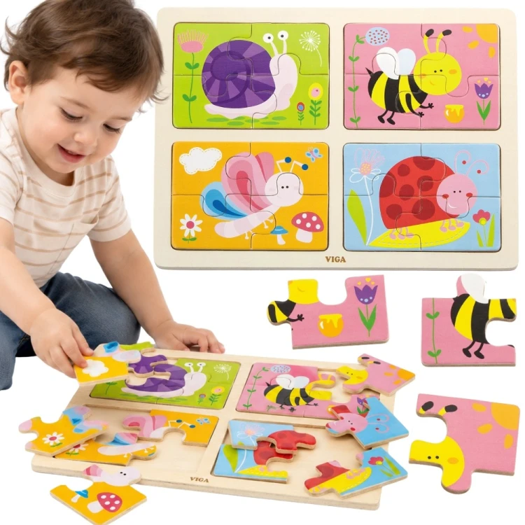 Drewniane puzzle Owady 4w1 VIGA 89 — kolorowa plansza z ułożonymi drewnianymi elementami
