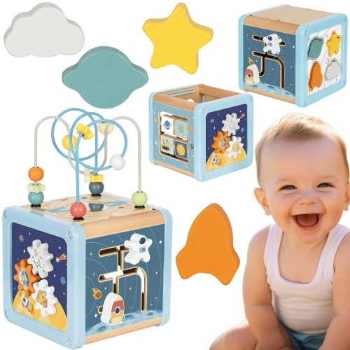 Drewniana Kostka Aktywności Kosmos TOOKY TOY — frontalny widok z kolorowymi elementami