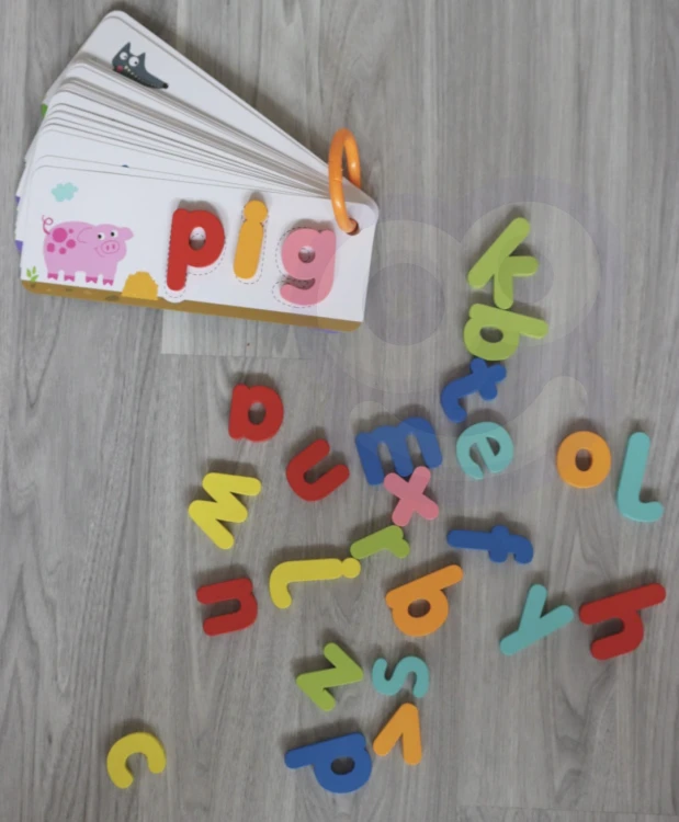 Zbliżenie na drewniane elementy TOOKY TOY — literki, obrazki zwierzątek i drobne ilustracje