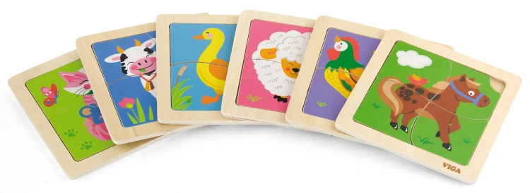 Spód elementów puzzli VIGA Krówka — widoczny kształt połączeń i gładko wykończone krawędzie drewna