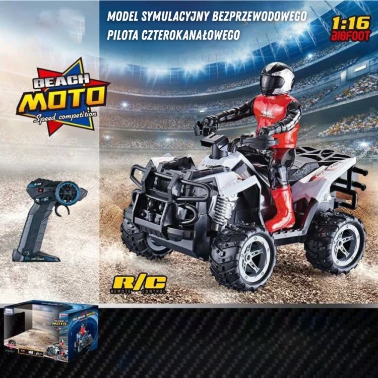 Quad WOOPIE 1:16 marka 48 ustawiony na rampie - dynamiczne ujęcie z widocznym przechyłem nadwozia