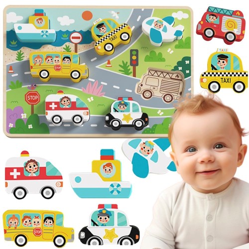 Drewniane puzzle Montessori z pojazdami TOOKY TOY — kolorowe auta i samolot na planszy do dopasowywania