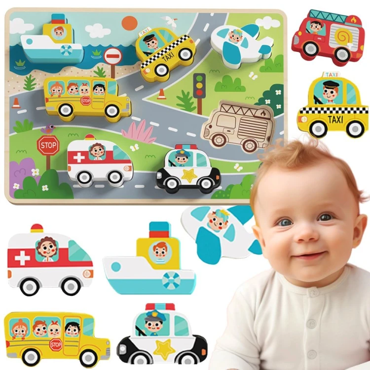 Drewniane puzzle Montessori z pojazdami TOOKY TOY — kolorowe auta i samolot na planszy do dopasowywania