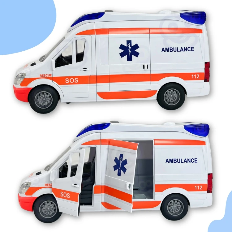 Bok ambulansu z widocznym napisem i grafiką ratunkową, ujęcie pod lekkim kątem WOOPIE