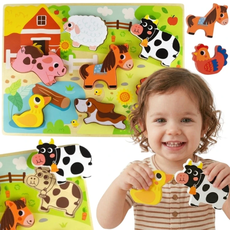 Drewniane puzzle Montessori TOOKY TOY - zwierzątka z farmy do dopasowywania kształtów, kolorowe elementy edukacyjne