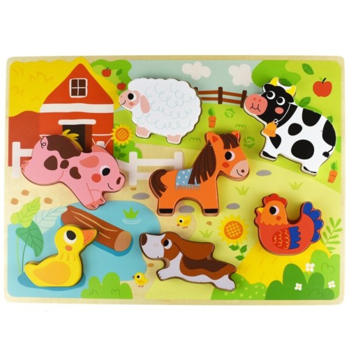 Widok z góry puzzli TOOKY TOY — drewniana plansza z wycięciami oraz kolorowymi kształtami i uchwytami
