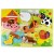 Widok z góry puzzli TOOKY TOY — drewniana plansza z wycięciami oraz kolorowymi kształtami i uchwytami