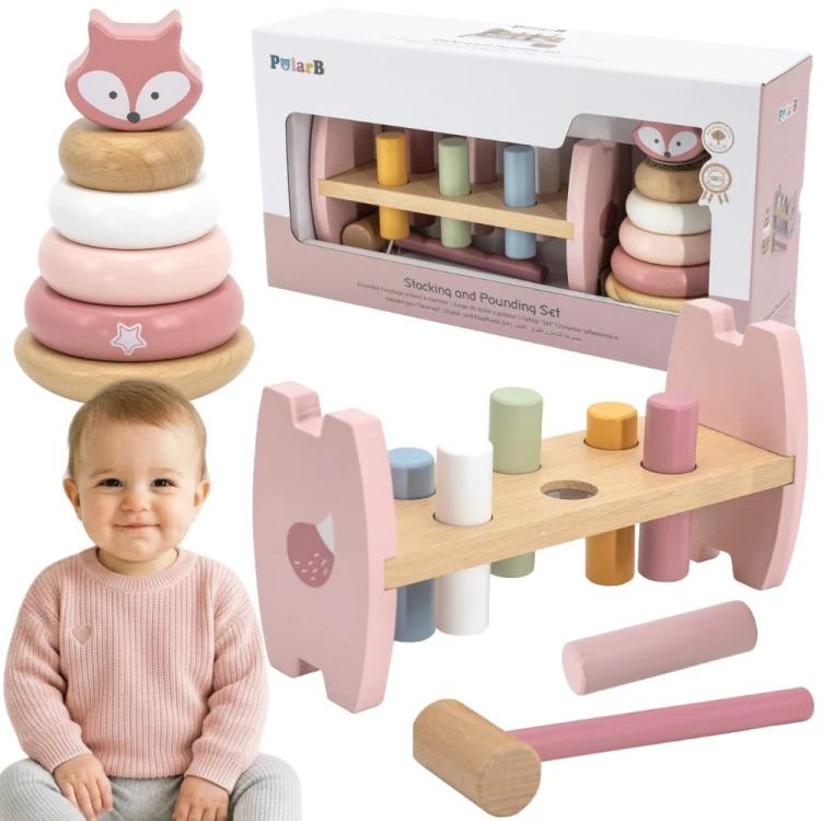Zestaw Drewniana Piramidka i Przebijanka VIGA PolarB — kolorowy komplet Montessori dla malucha
