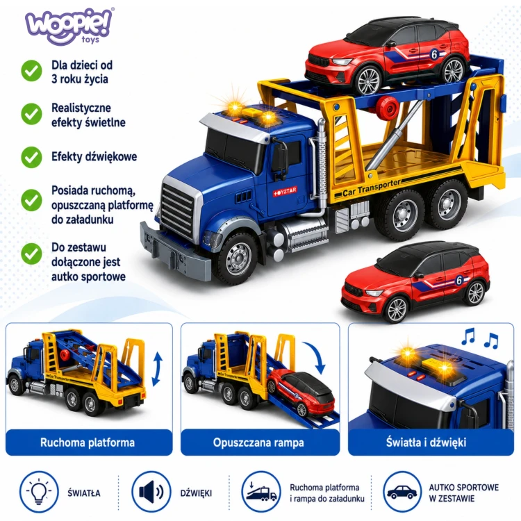 Autko na platformie transportera WOOPIE — detal mocowania i miejsce załadunku z boku