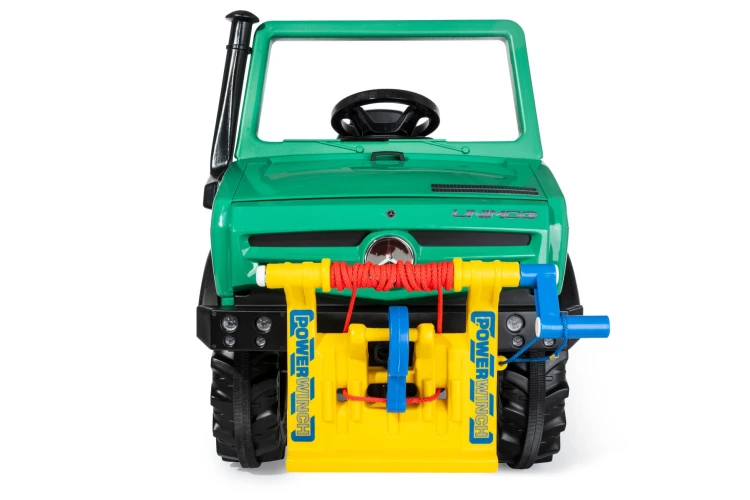 Otwarta skrzynia ładunkowa i miejsce na narzędzia, pokaz funkcjonalności ciężarówki RollyUnimog Rolly Toys