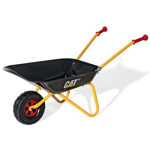 Rolly Toys rollyMetallschubkarre CAT — metalowa taczka dla dzieci, ujęcie 3/4 ukazujące rączkę, skrzynię i przednie koło