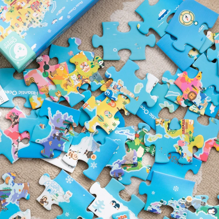 Opakowanie puzzli Mapa Świata 50 — tył pudełka z ilustracją i informacjami widocznymi na grafice