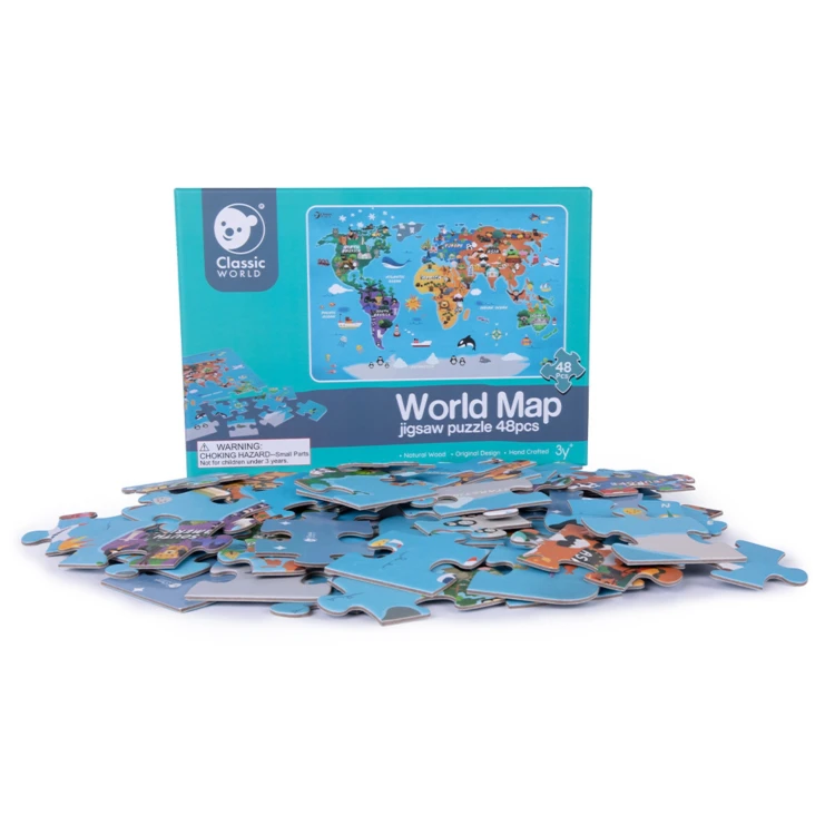 Zbliżenie na nadrukowaną nazwę regionu na puzzlu CLASSIC WORLD — czytelna typografia i kolor