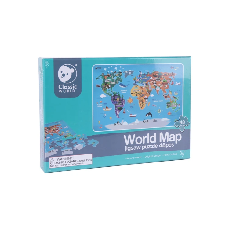 Pudełko z ułożonymi elementami Puzzle Mapa Świata 50 — przygotowane do przechowywania i składania