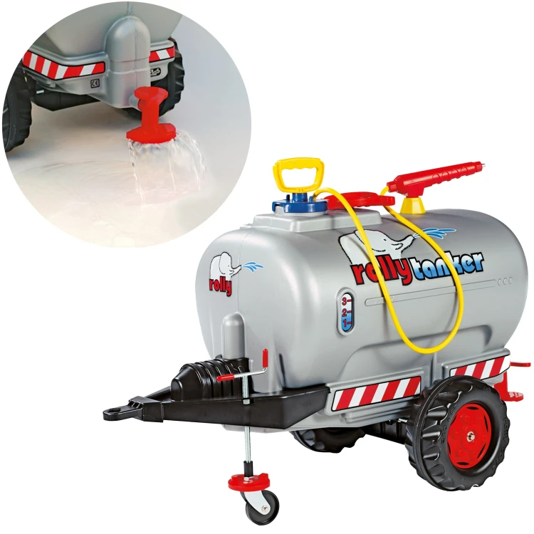 Przyczepa cysterna Rolly Toys rollyTrailer z rozpylaczem i pompką — widok z przodu, dysze i górny zawór