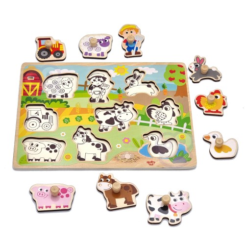 WOOPIE GREEN Drewniane Puzzle Montessori — widok całego zestawu z farmą i pinezkami do dopasowania