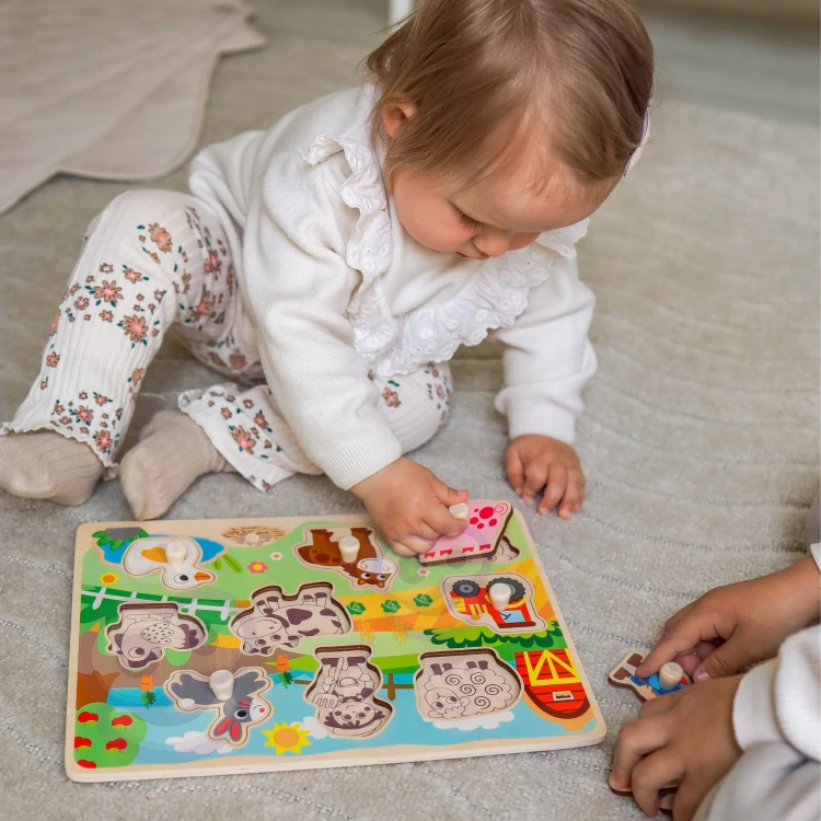 Widok z góry na planszę farmy — ułożone kształty do dopasowania w Drewnianych Puzzle Montessori