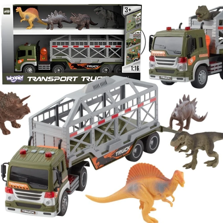 Ciężarówka transporter dinozaurów WOOPIE z włączonymi światłami i efektem dźwiękowym, widok z przodu