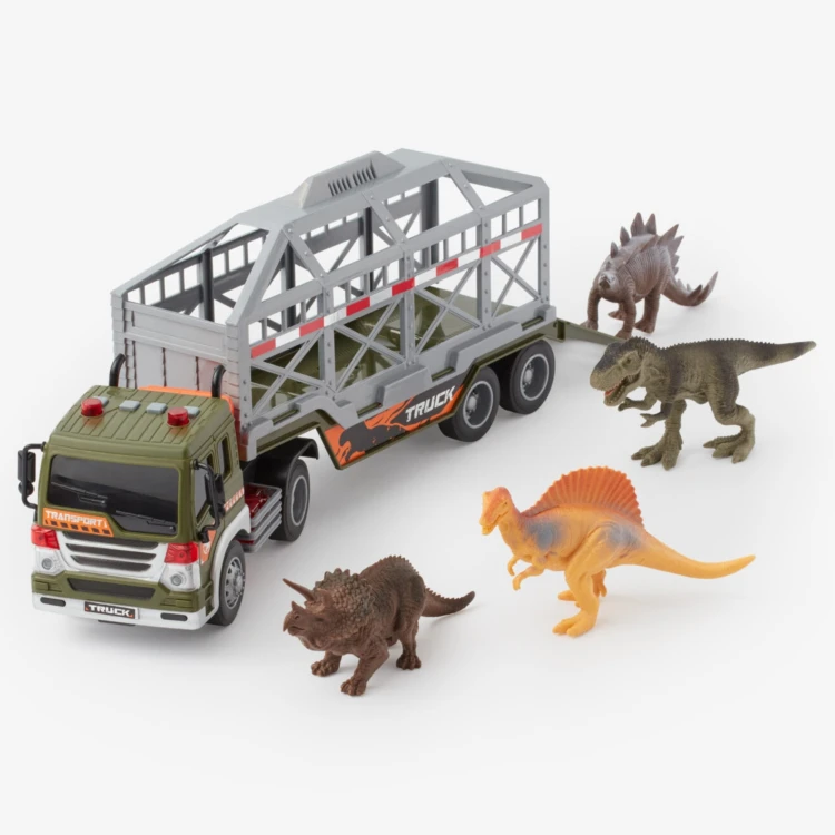 Ujęcie z góry na naczepę WOOPIE — przestrzeń załadunkowa i układ miejsca dla figurek dinozaurów