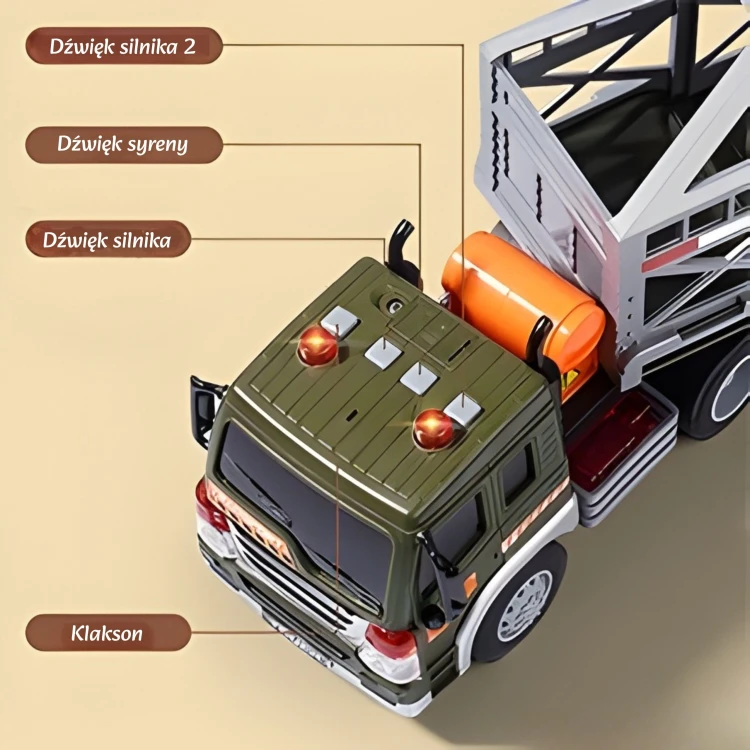 Opakowanie zestawu WOOPIE z grafiką ciężarówki transporter dinozaurów — widoczna nazwa i ilustracja