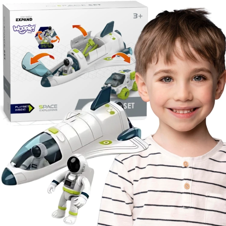 Zestaw Kosmiczny WOOPIE 48 — prom i łazik Space Set na białym tle, widok całego zestawu