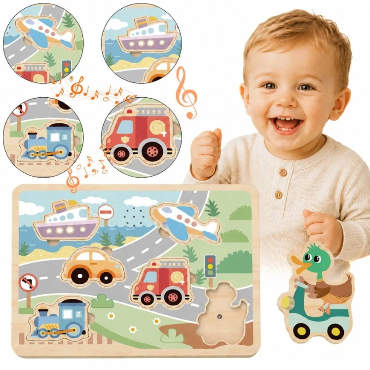 Widok z góry na ułożone elementy puzzli pojazdów TOOKY TOY — rozmieszczenie kolorowych części na planszy