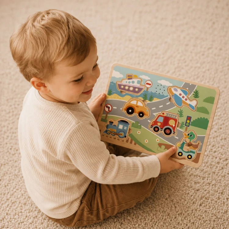 Spód drewnianej planszy z wycięciami na figury — konstrukcja puzzli pojazdów TOOKY TOY widoczna z bliska