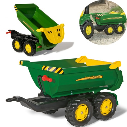 Przyczepa wywrotka RollyHalfpipe John Deere Rolly Toys — widok z boku, otwarta skrzynia i koła