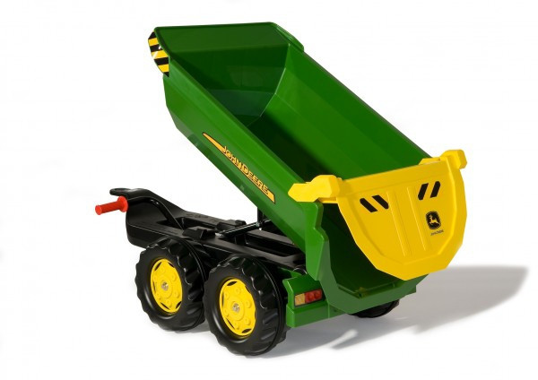 Widok od tyłu przyczepy RollyHalfpipe Rolly Toys z opuszczoną skrzynią, widoczne tylne koła