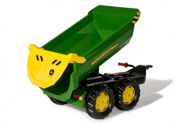 Kątowy plan nadwozia przyczepy John Deere — zielone malowanie i charakterystyczny profil burty