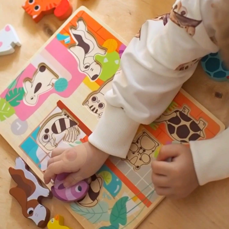 Zbliżenie na drewniane zwierzątka z puzzli Montessori — kolorowe elementy i kształty TOOKY TOY