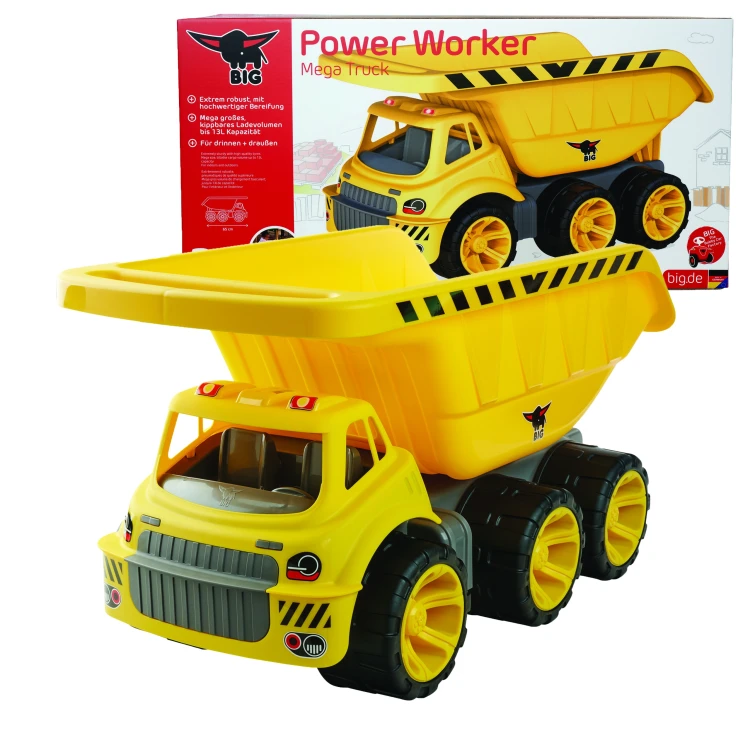 BIG Mega Wywrotka Power Worker 54 — żółta wywrotka z otwieraną skrzynią i masywnymi kołami gotowa do zabawy