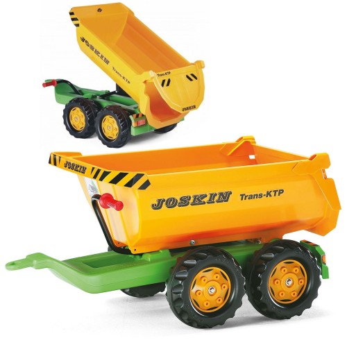Przyczepa wywrotka rollyTrailer Rolly Toys — widok z boku pokazujący skrzynię wywrotną i koła w detalu