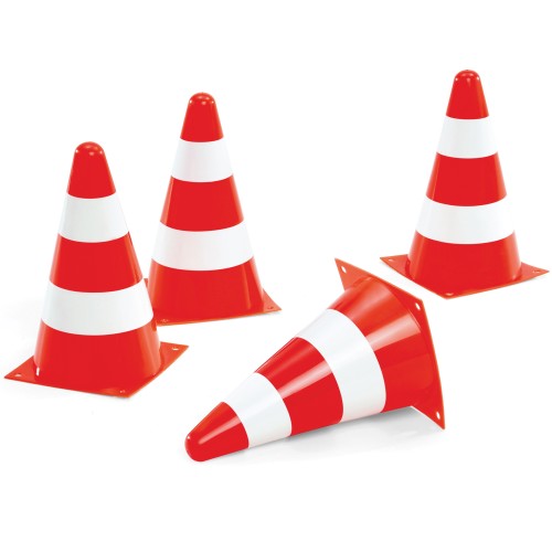 Pachołki drogowe Rolly Toys — zestaw 4 ostrzegawczych pachołków w jaskrawych kolorach, trwałe do zabaw na zewnątrz