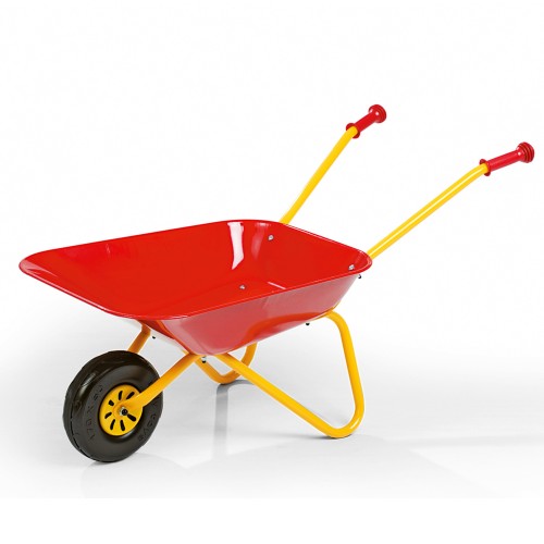 Taczka dla dzieci Rolly Toys czerwona metalowa — frontowy widok na kuwetę, rączkę i jedno koło