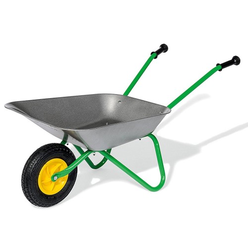 Taczka dla dzieci Rolly Toys, szara metalowa z ergonomicznym uchwytem i solidnym kołem — widok z boku