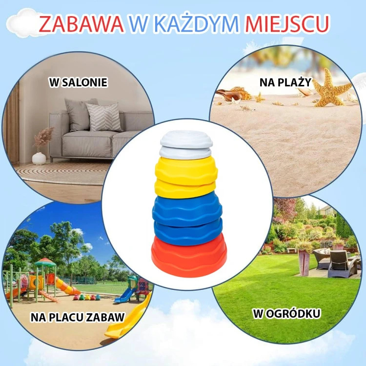 Ujęcie z użyciem — osoba stąpa po kamieniach balansujących WOOPIE na trawie, pokaz równowagi i zabawy