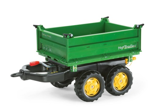 Przyczepa wywrotka RollyMega od Rolly Toys w zielonym kolorze, widok z przodu z zaczepem i osprzętem