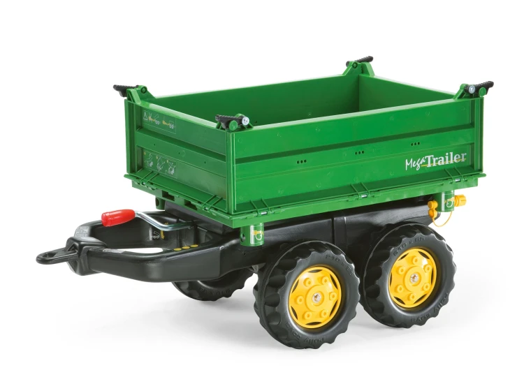 Przyczepa wywrotka RollyMega od Rolly Toys w zielonym kolorze, widok z przodu z zaczepem i osprzętem